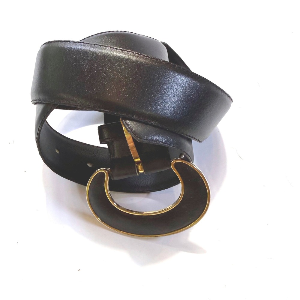 Paul Harris Vintage Black Leather Belt Gold Crescent Buckle Wide Statement Med